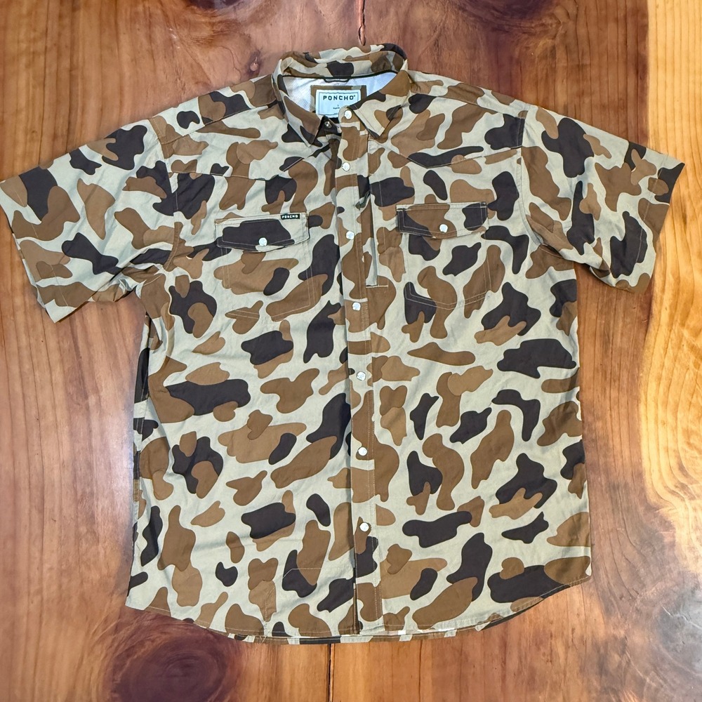 Poncho Shirt Mens Large Pearl Snap Camo Camp Outdoor Fishing Short sleeve D4-17